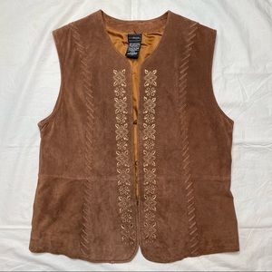 VINTAGE Outbrook 100% Leather Embroidered Floral Brown Vest Ladies Large